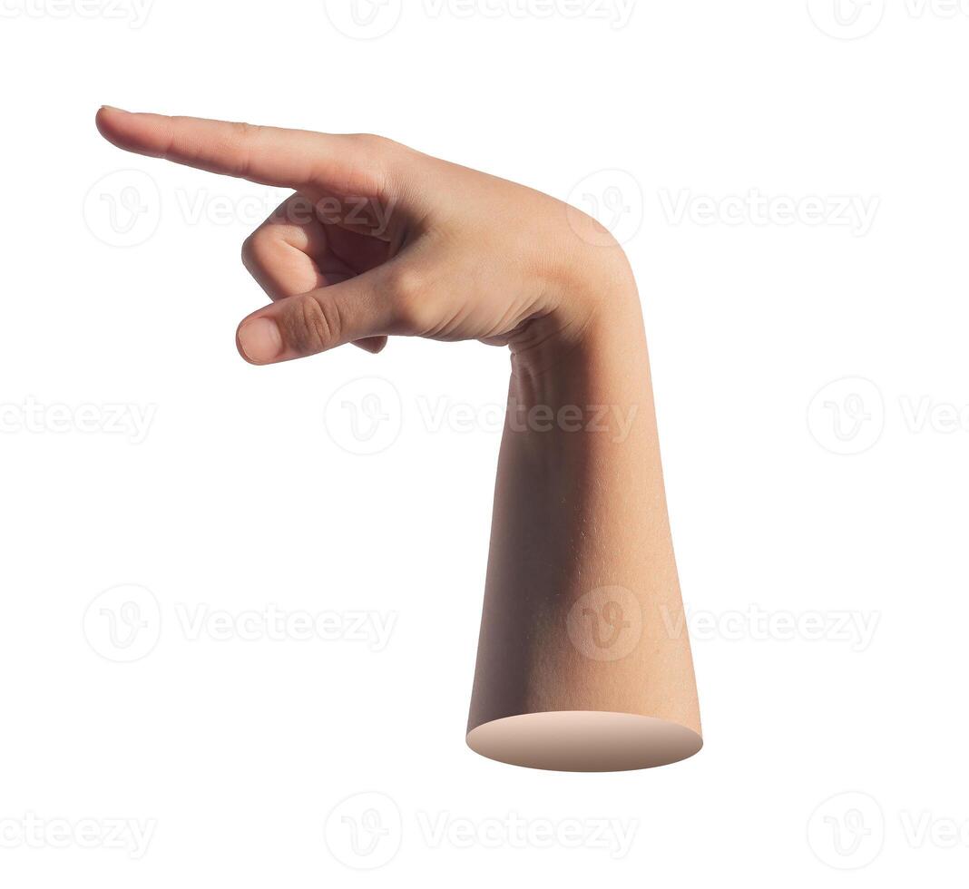 Index finger pointing aside, kids pointer, forefinger showing, isolated on white background. photo