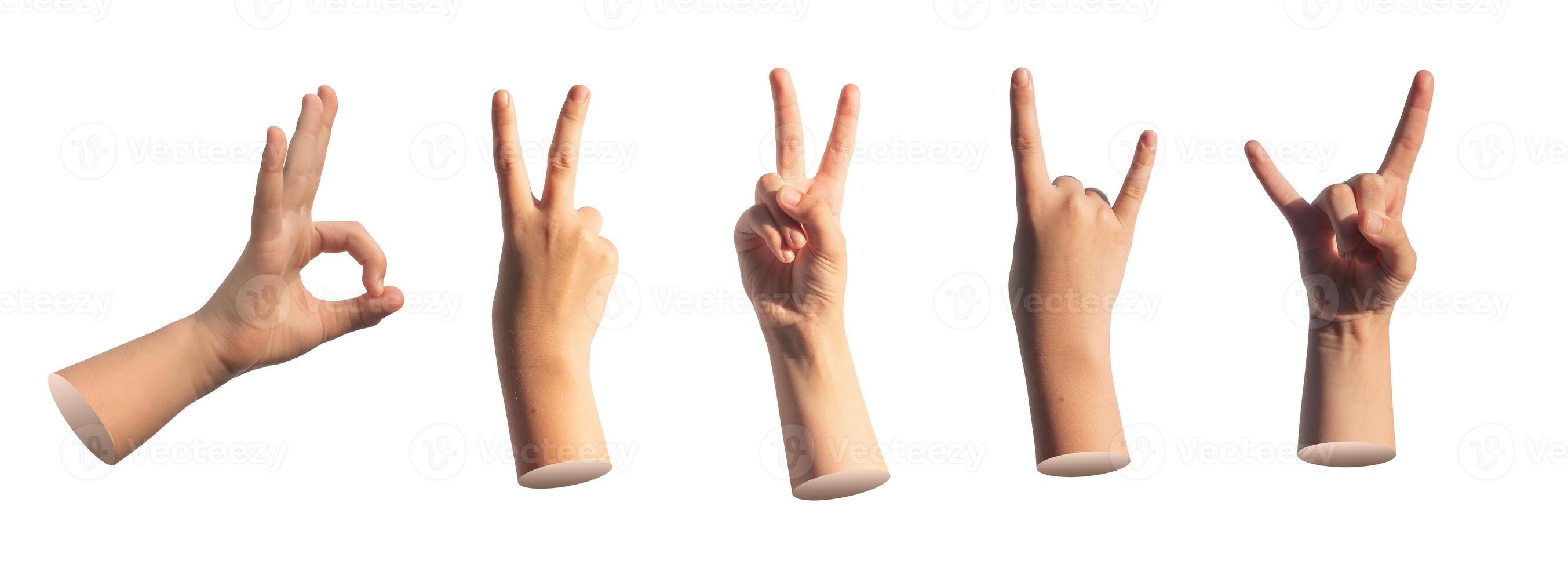 Kid s hand signs, different child gestures set, isolated on white background photo