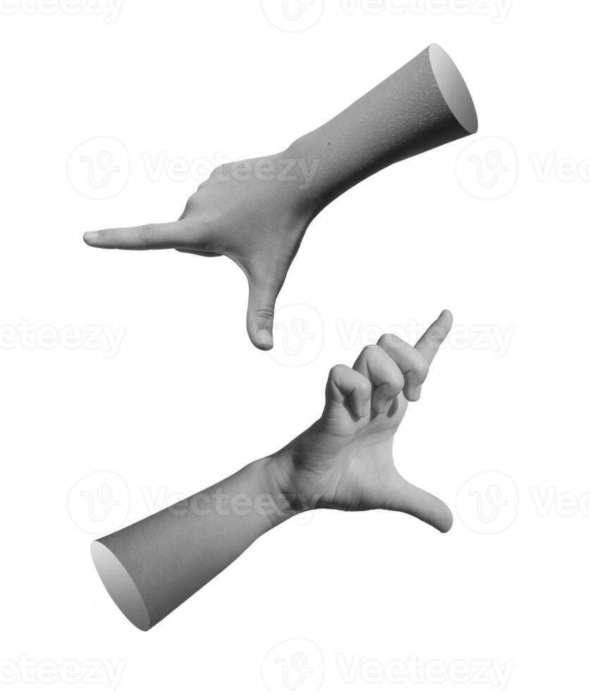 Hand using two fingers to hold and measure an invisible, small object isolated on white photo