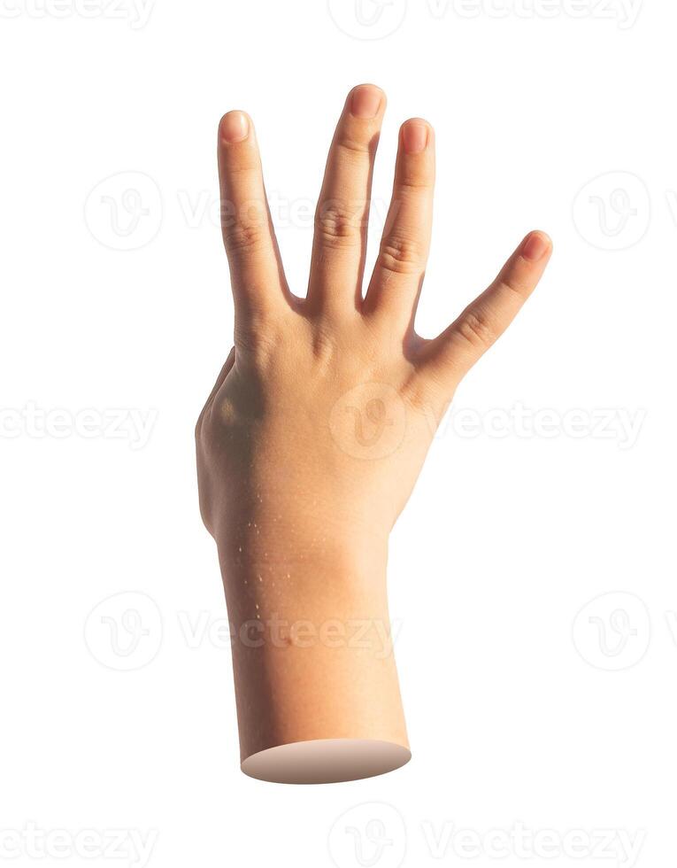 Four, hand gesture, kids sign. isolated on white background photo