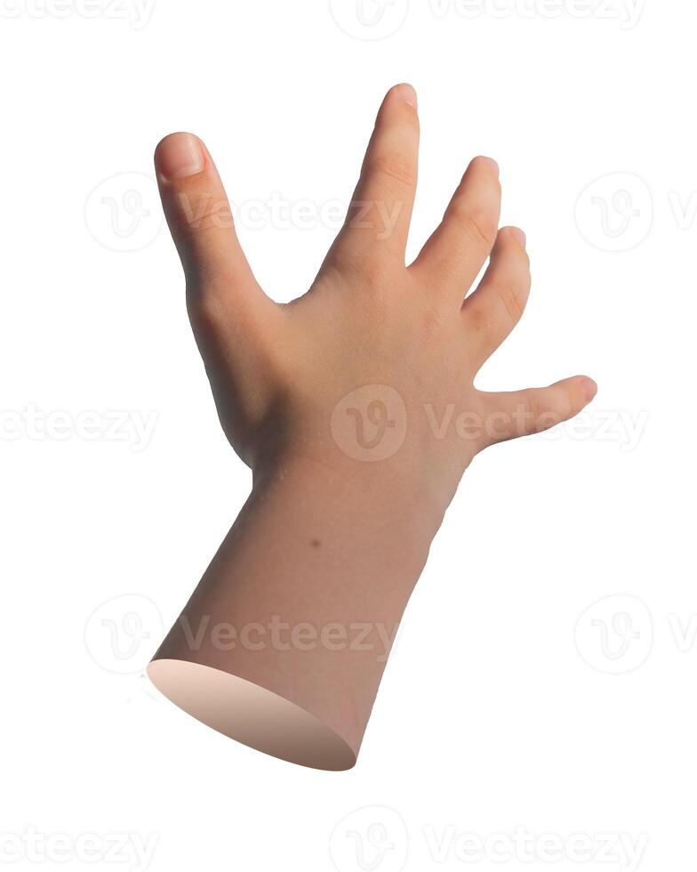 Reaching, catching, stretching to something, POV, first person view. Kids hand sign isolated on photo