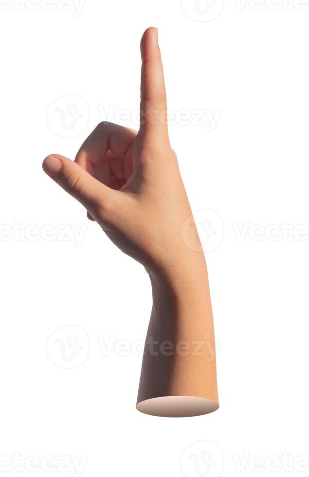 Index finger pointing up, pointer, forefinger showing, indicating isolated on white background. photo