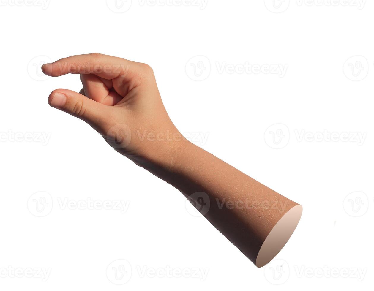 A hand using two fingers to hold and measure an invisible, small object isolated on a white photo