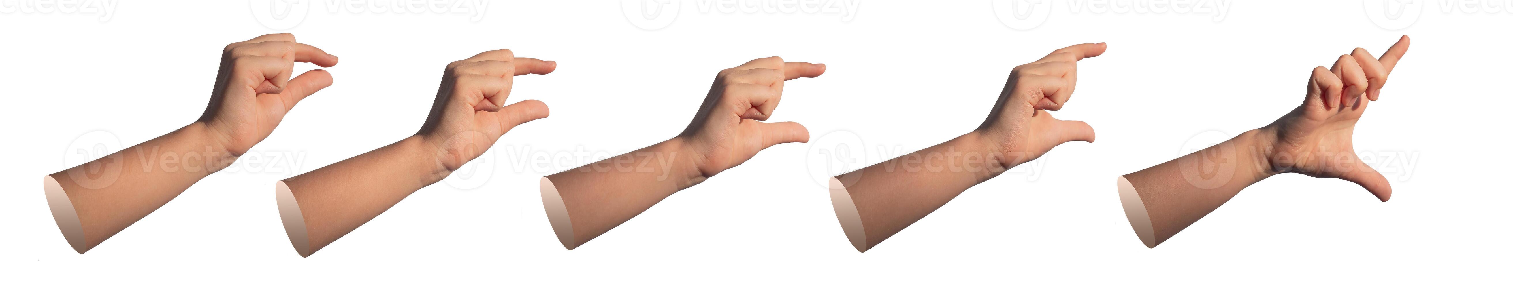 Kids hand gestures showing size from big to small. Pinch, catch, hold, isolated on white. grabbing, photo