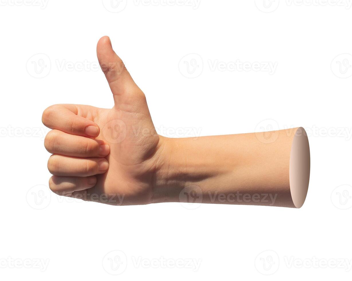 Thumb up gesture, hand showing good, finger like, isolated sign. Approve symbol, confirm choice, photo