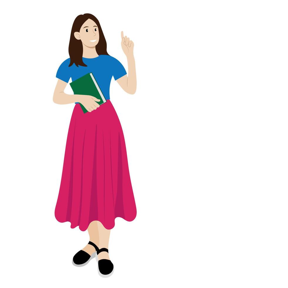 Full length girl with book in one hand, index finger of other hand raised up, isolate on white, flat style, avatar vector