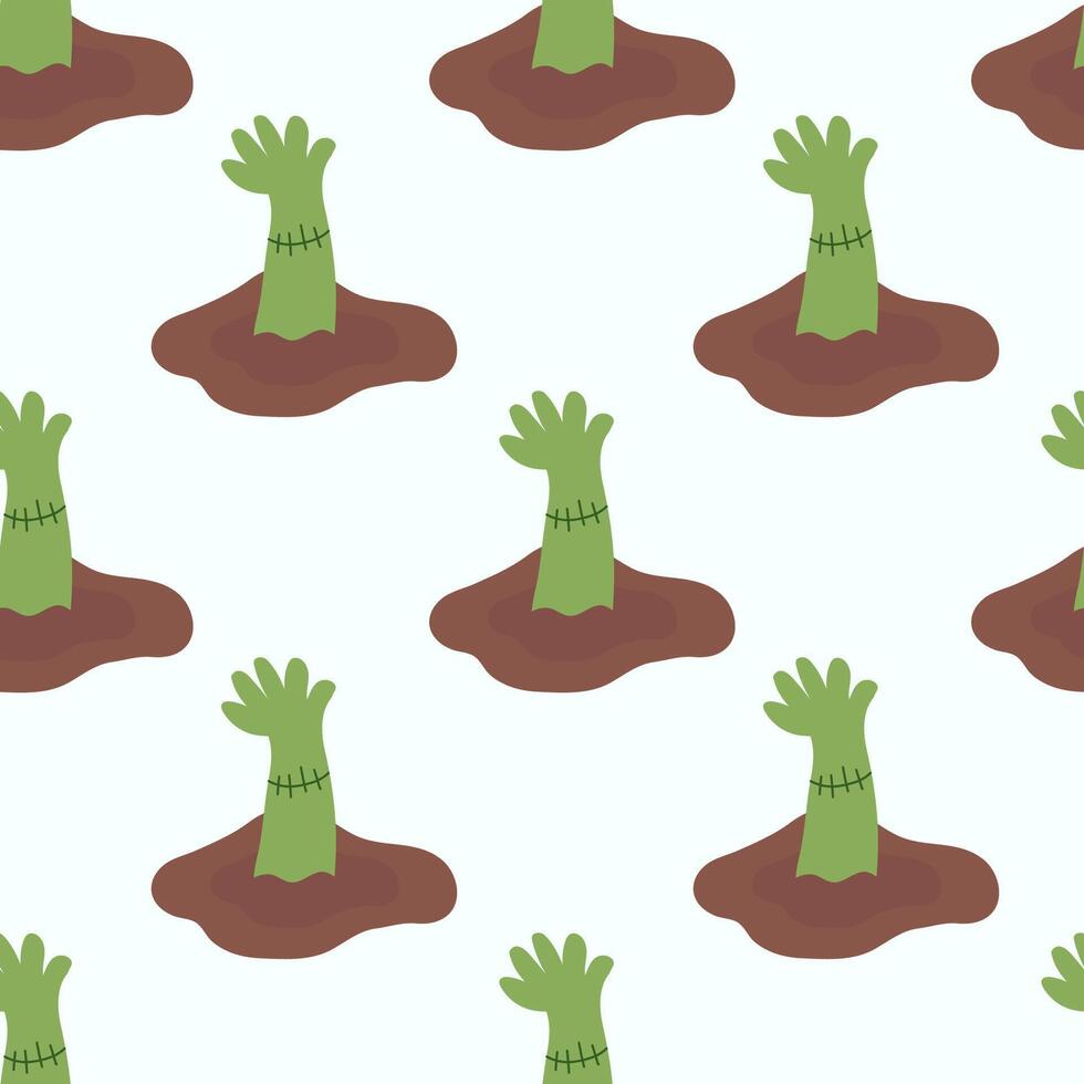 Zombie hand sticking out of ground. Halloween Seamless Pattern. Dead monster arm reaching from grave. Creepy Living death background. Flat illustration. vector