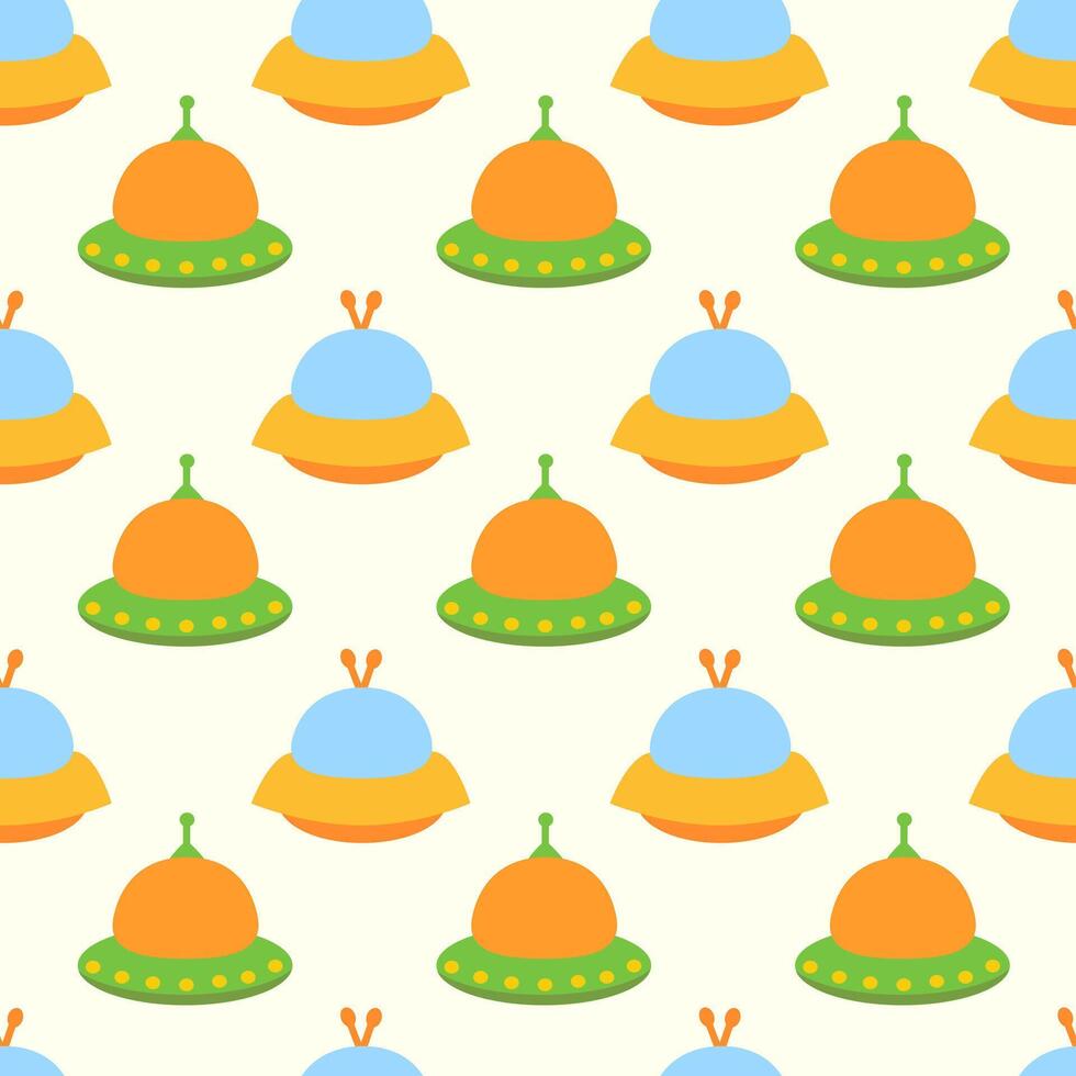 Alien yellow spaceship, spacecrafts and UFO Seamless Pattern. Cosmic ship in form saucer for transportation. Children design. cartoon flat illustration. vector