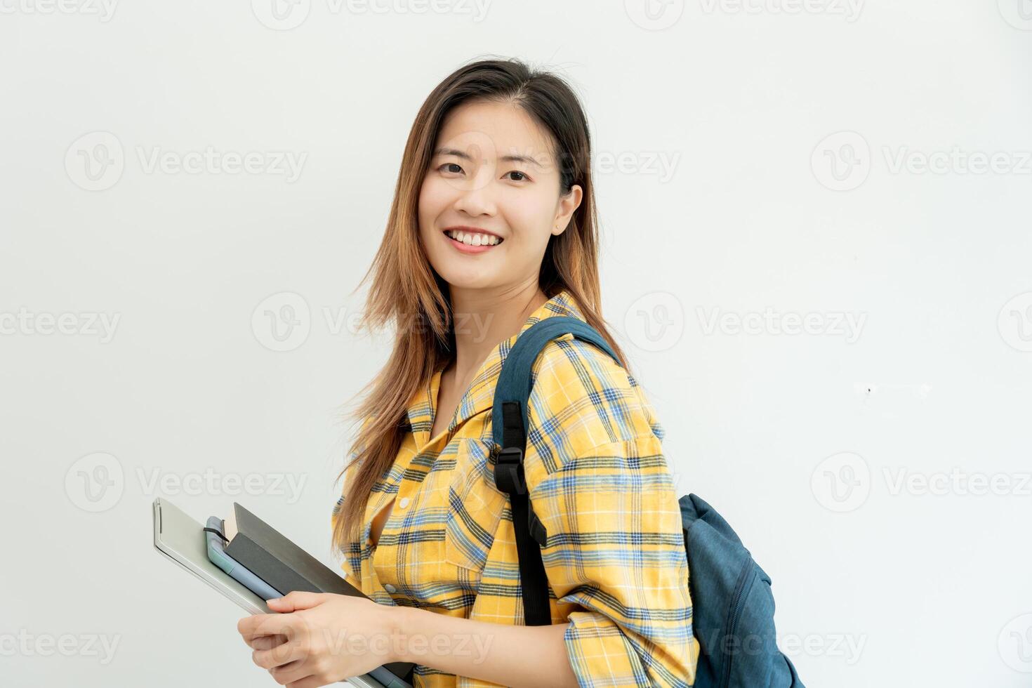 Portrait beautiful Asian woman student. Smile girl happy study. read book in college campus. young female on international Asia University. Education, study, school, learning, exam, continue education photo