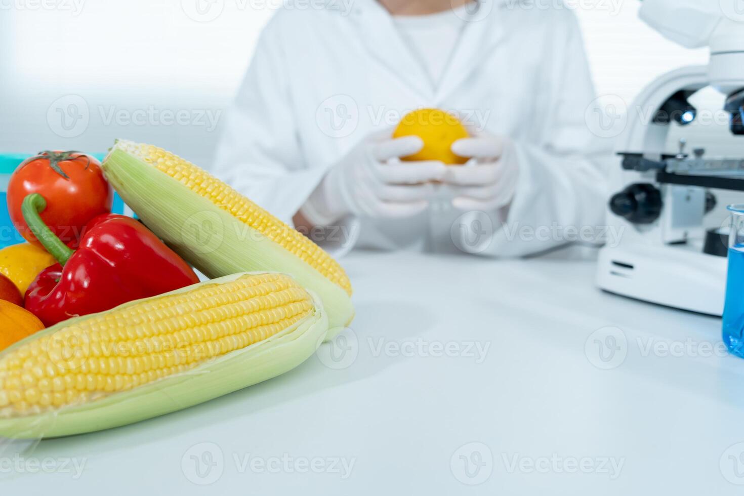 Scientist check chemical food residues in laboratory. Control experts inspect quality of fruits, vegetables. lab, hazards, ROHs, find prohibited substances, contaminate, Microscope, Microbiologist photo