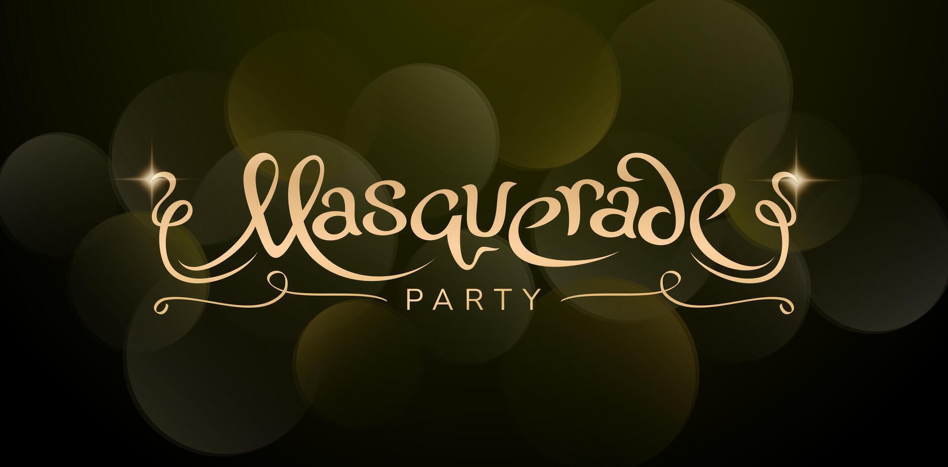 masquerade party invitation design with gold lettering font isolated black background for information graphic, User interface designs, Layouts, collages, scene designs, advertisement campaigns, poster vector