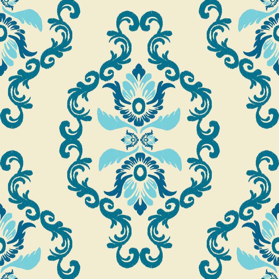 Classic blue ikat pattern with floral motifs in traditional style vector