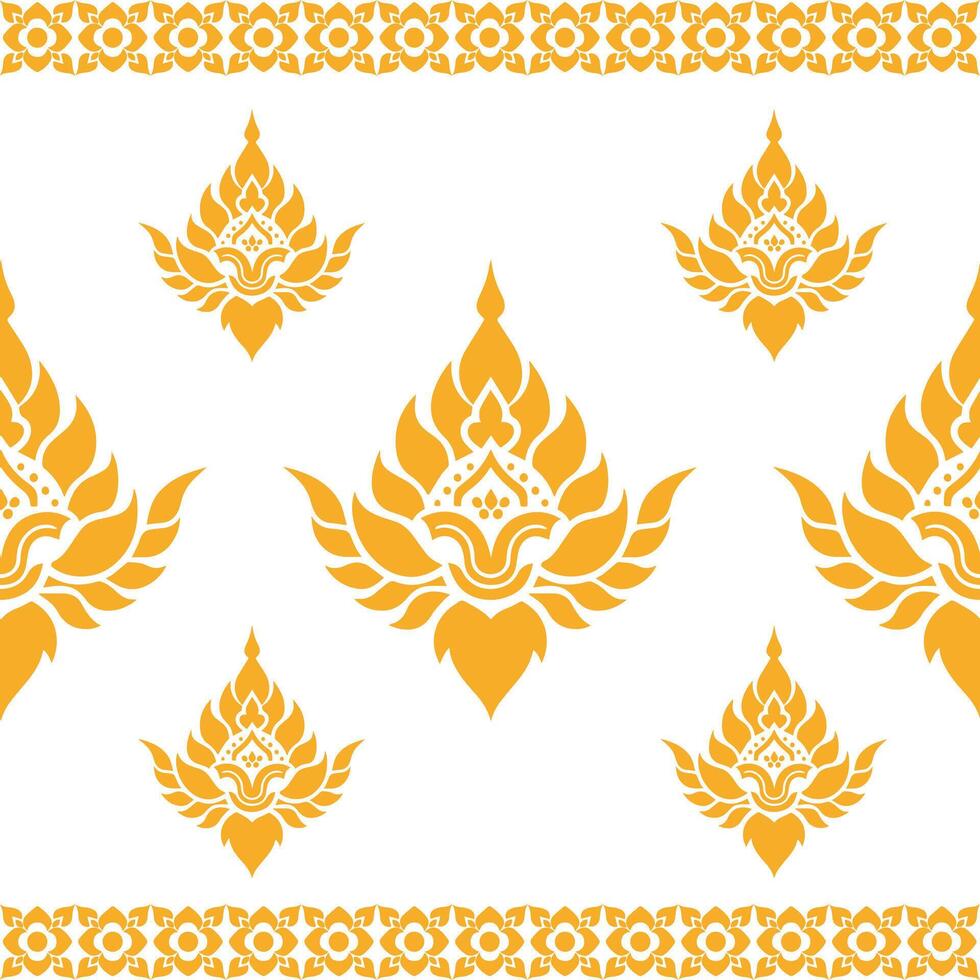 Traditional Thai fabric pattern design with golden floral motifs on a white background vector
