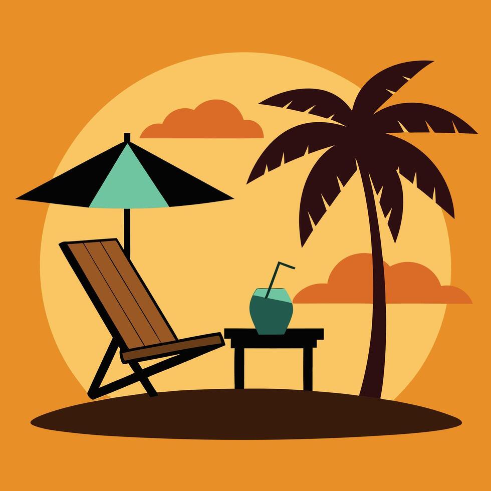 Sunset at a Tropical Island Beach Illustration Art vector