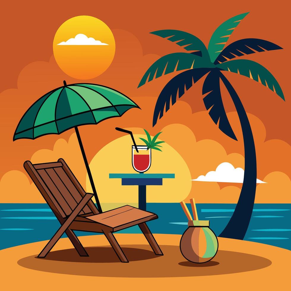 Tropical Beach Scene with Colorful Sunset Art vector