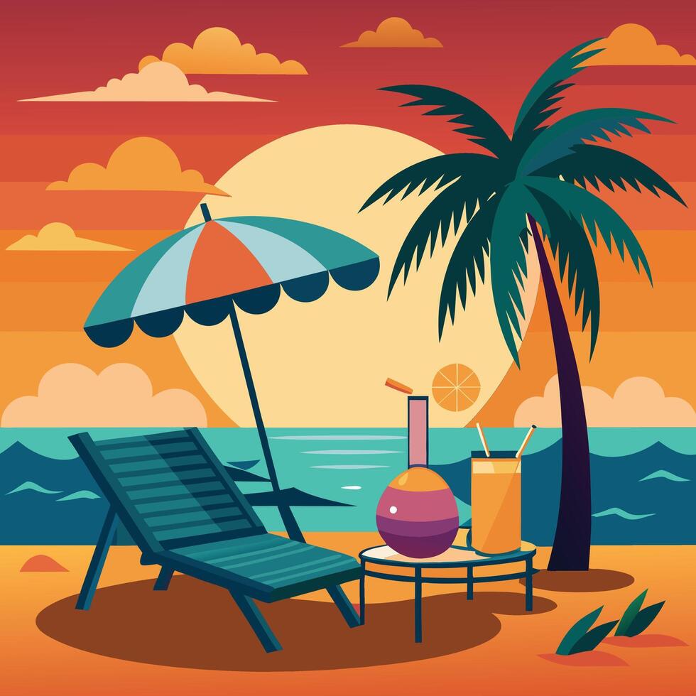 Sunset Scene at Tropical Sea Beach Art vector