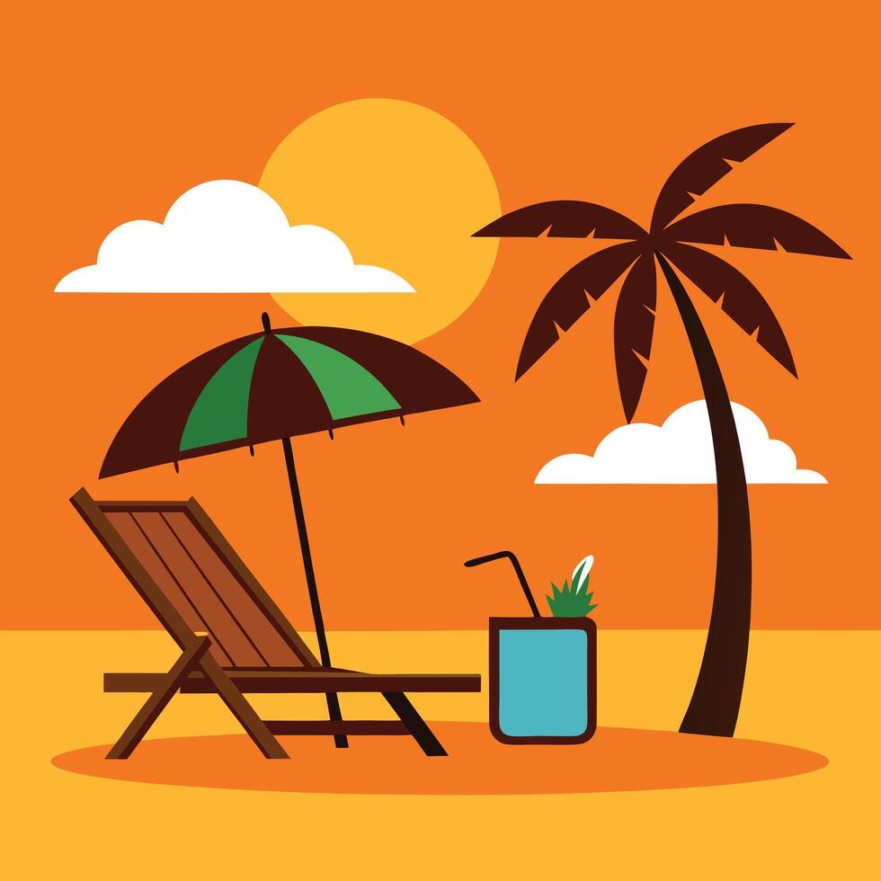 Tropical Sunset at Seaside Beach Illustration Art vector