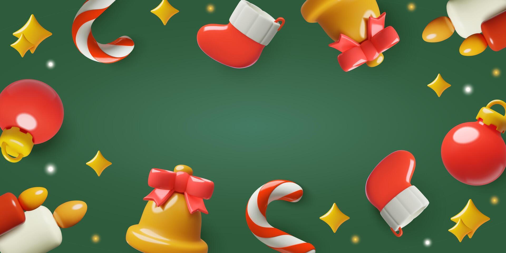Christmas background 3d design with red candy cane jingle bell stockings and xmas ornaments vector
