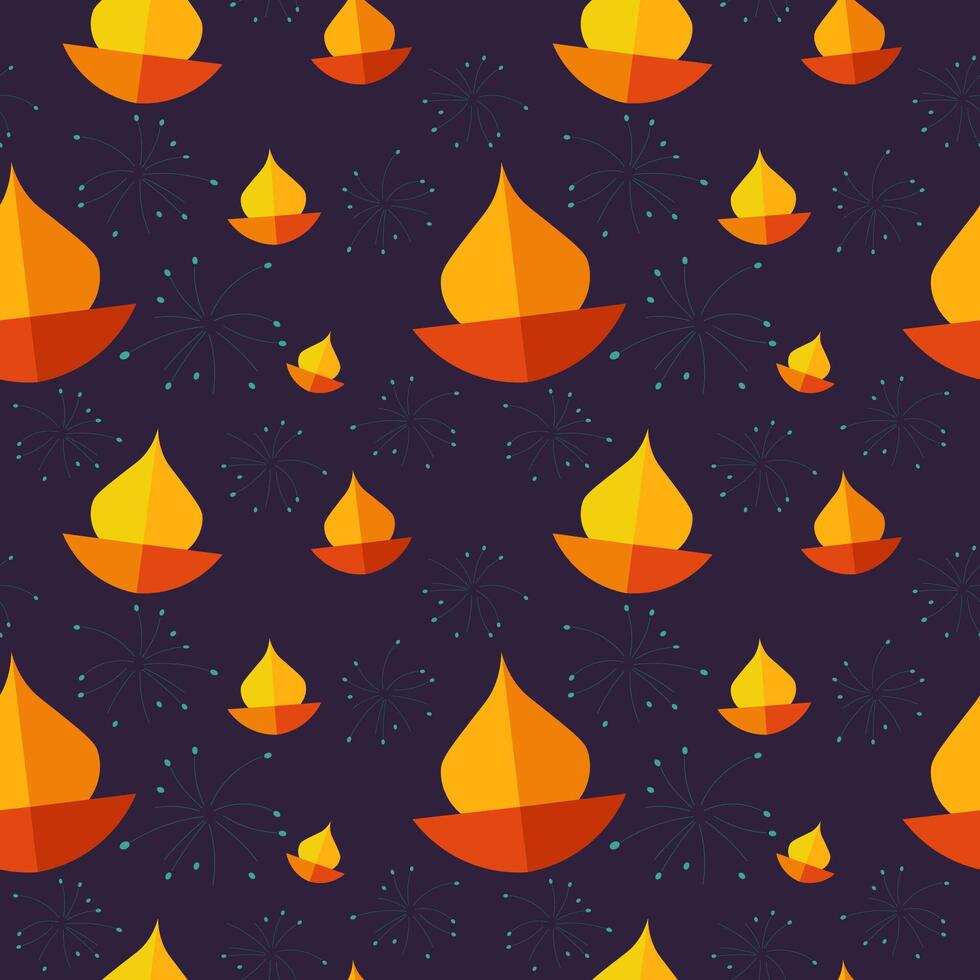 Happy Diwali festival of light seamless pattern. Hand drawn flat repeating background for Indian holiday bright of lights. Illustration for flyer, card, banner, paper, wrapping, template vector