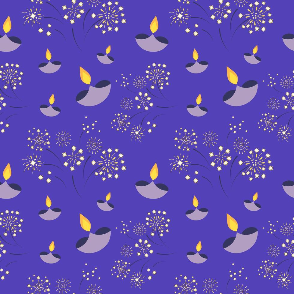 Happy Diwali festival of light seamless pattern. Hand drawn flat repeating background for Indian holiday bright of lights. Illustration for flyer, card, banner, paper, wrapping, template vector