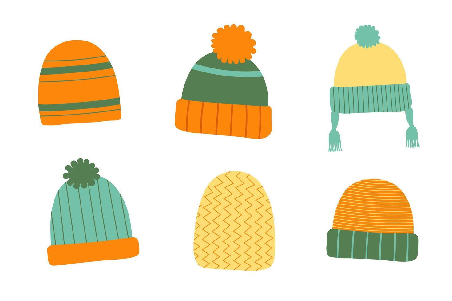 Hand drawn set with warm knitted hats, beanie. Cute headwear, cap, accessories on isolated background. Flat color illustration. vector