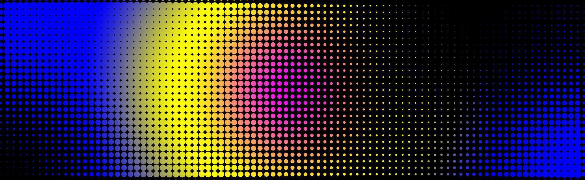 Horizontal halftone background with neon gradient. Grunge wallpaper with dots, neon radial transition to create a comic style design, retro collage. vector
