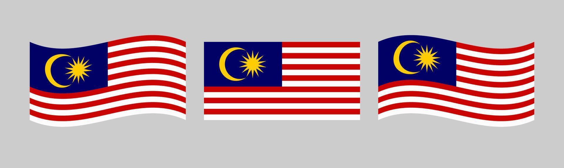 Set of Malaysian flags, classic and waving design. Isolated graphic. Flag of Malaysia clip art collection. Abstract object. Holiday symbol. Tourism or sports concept. Badge, icon or awards template. vector