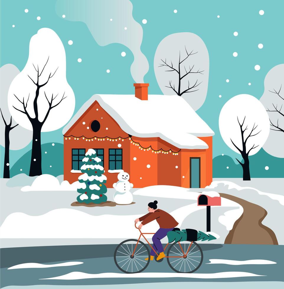 Snowy House with Cyclist Passing vector