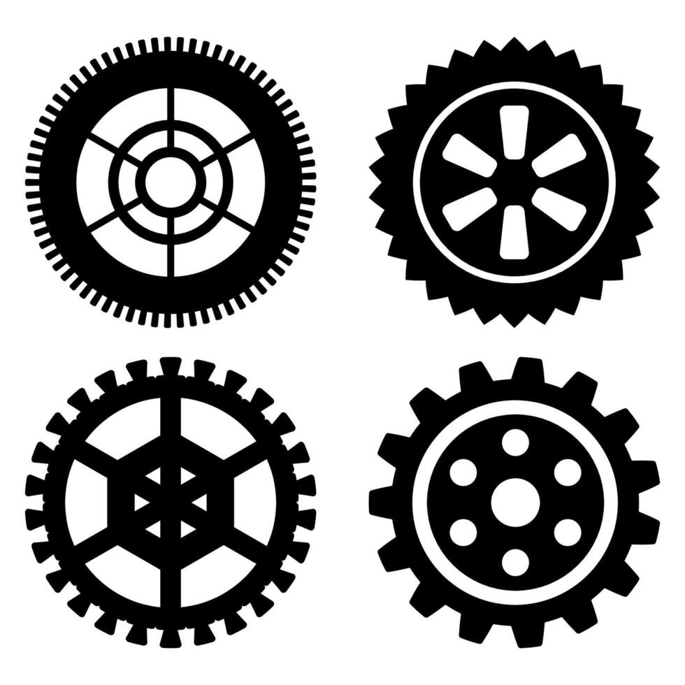 Set of different gear icons. Business communication concept for your design. Mechanisms, gear wheel. Black gear symbols. Progress or maintenance process, work cycle. vector