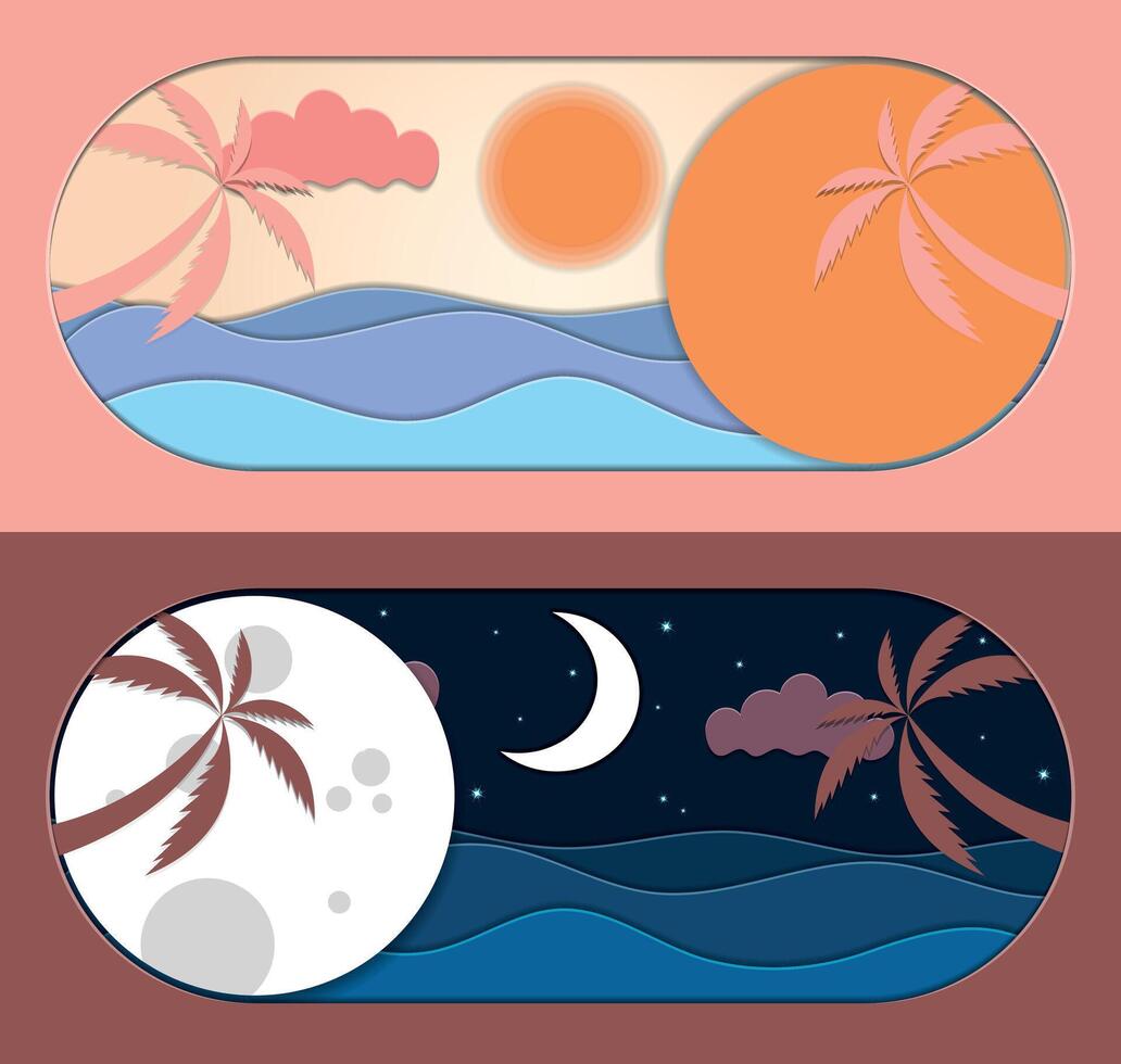 Button that switches from day mode to night mode. Day and night, sun and moon. Paper cutout style seascape illustration. Weather app, user interface design. vector