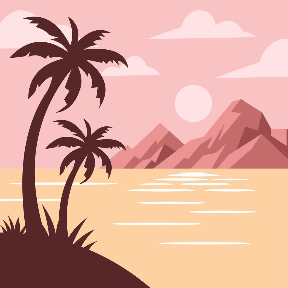 illustration of a beach and rocks on sunset vector