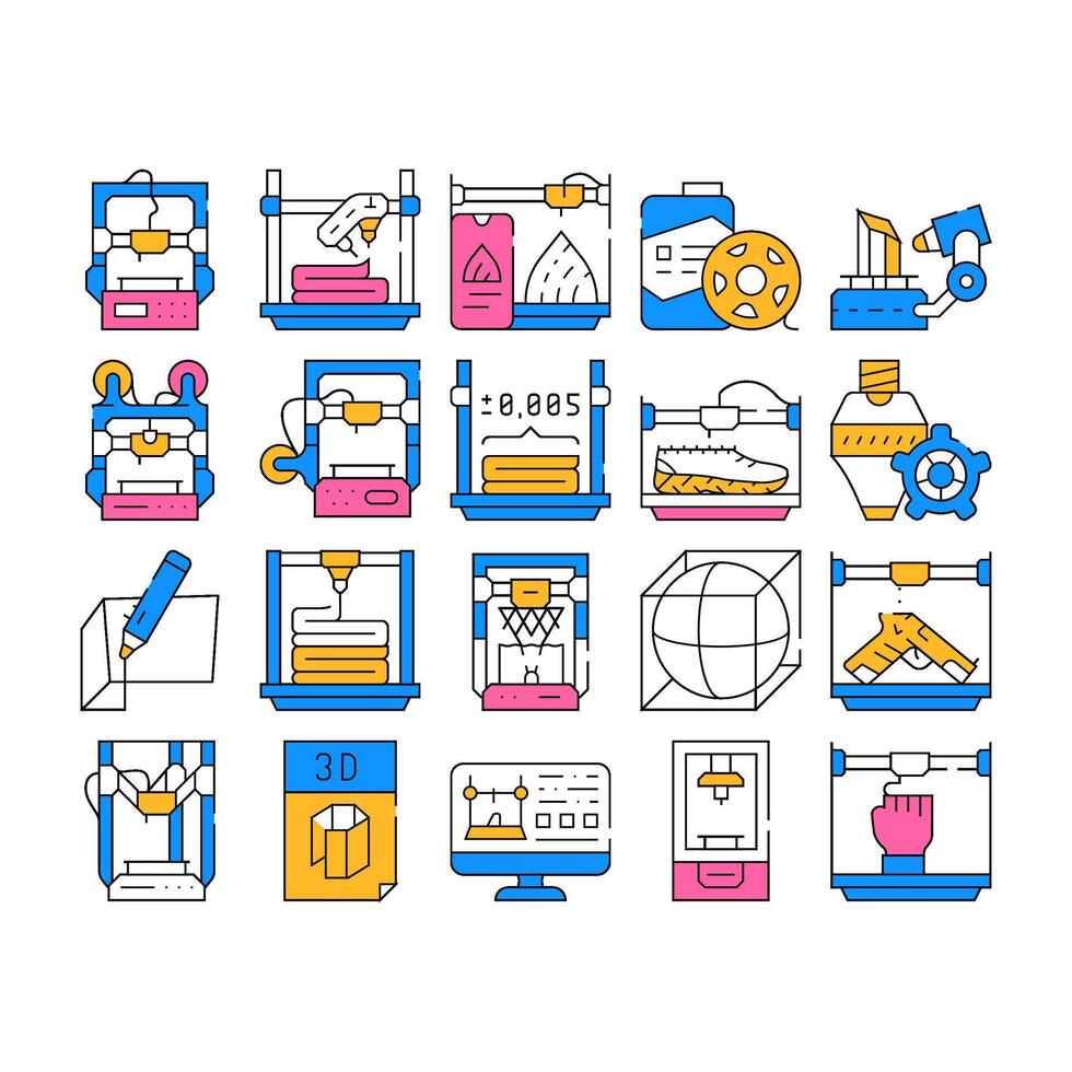 3d Printing Equipment Collection Icons Set vector