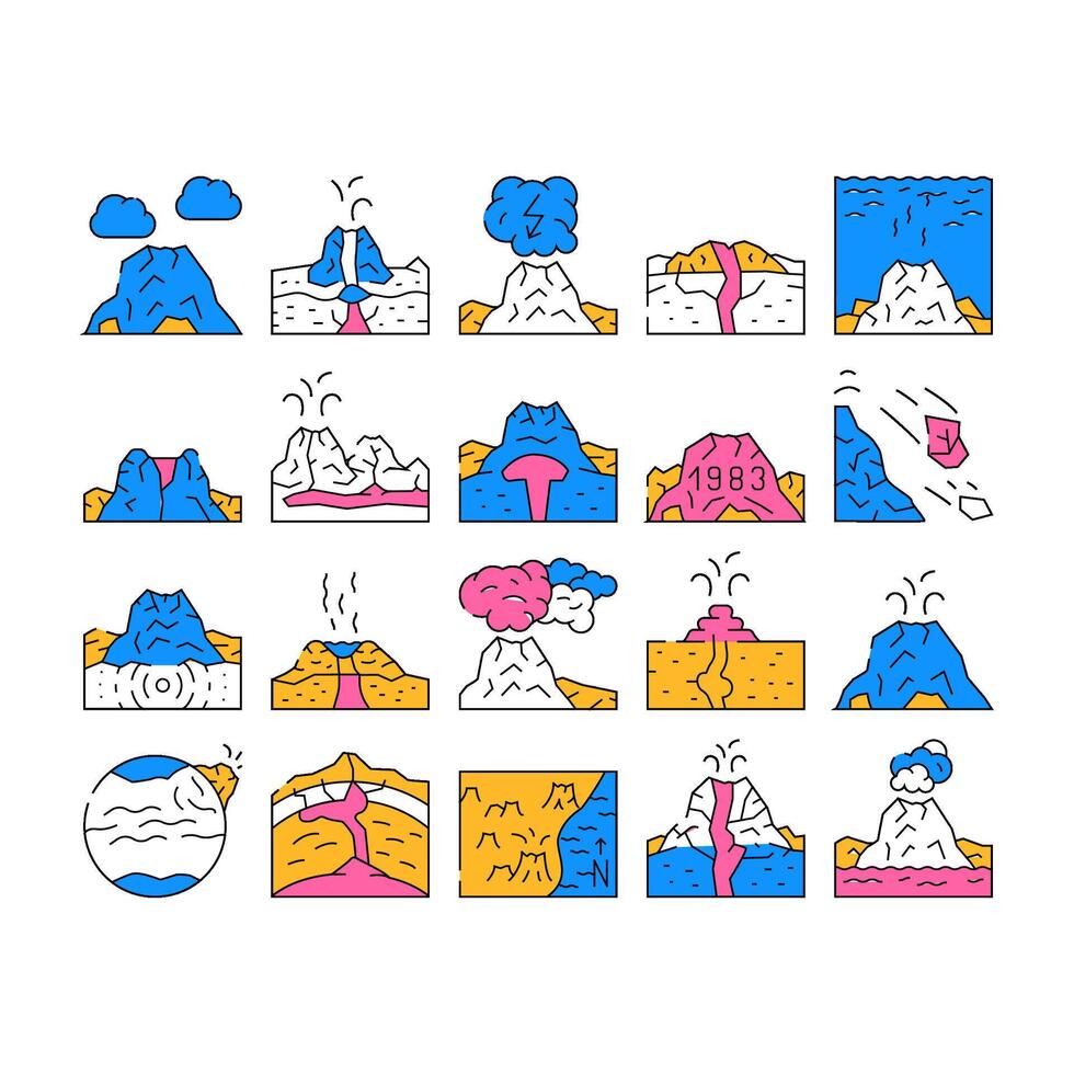 Volcano Lava Eruption Collection Icons Set vector