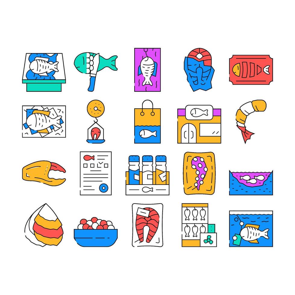 Fish Market Product Collection Icons Set vector