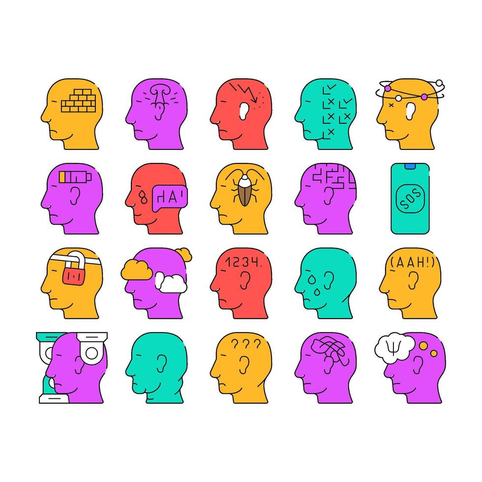 Neurosis Brain Problem Collection Icons Set vector