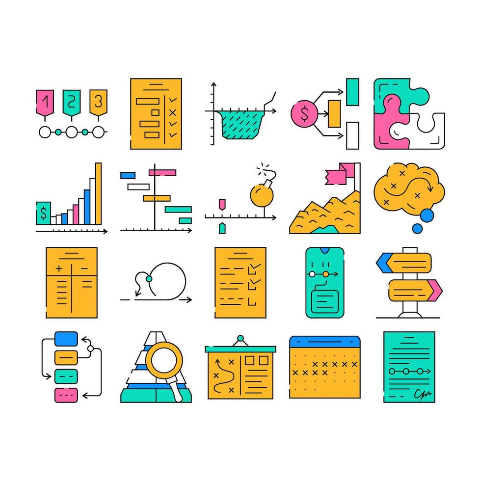 Planning Startup Project Strategy Icons Set vector