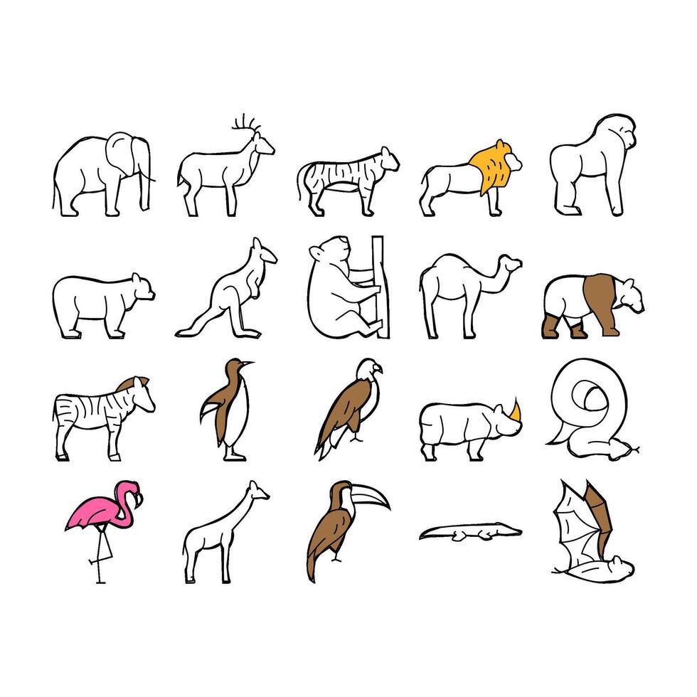 Zoo Animals, Birds And Snake Icons Set vector