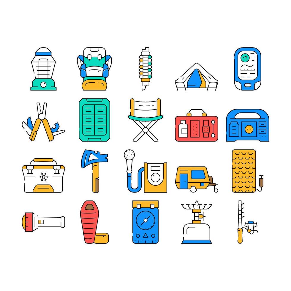 Camping Hiker Tool And Gadget Icons Set vector