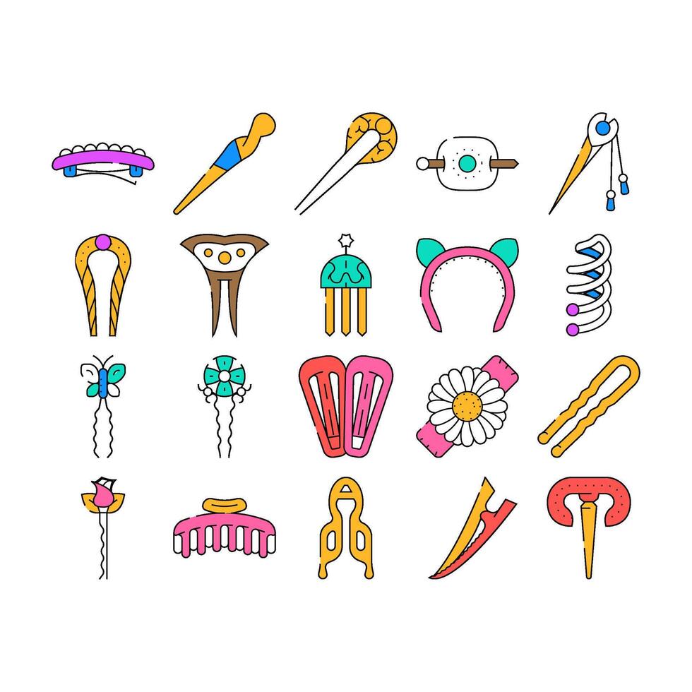 Hair Pin Decorative Accessory Icons Set vector