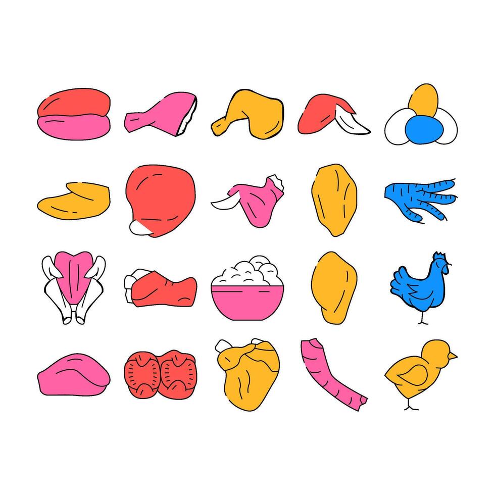 Chicken Carcass, Meat And Organs Icons Set vector