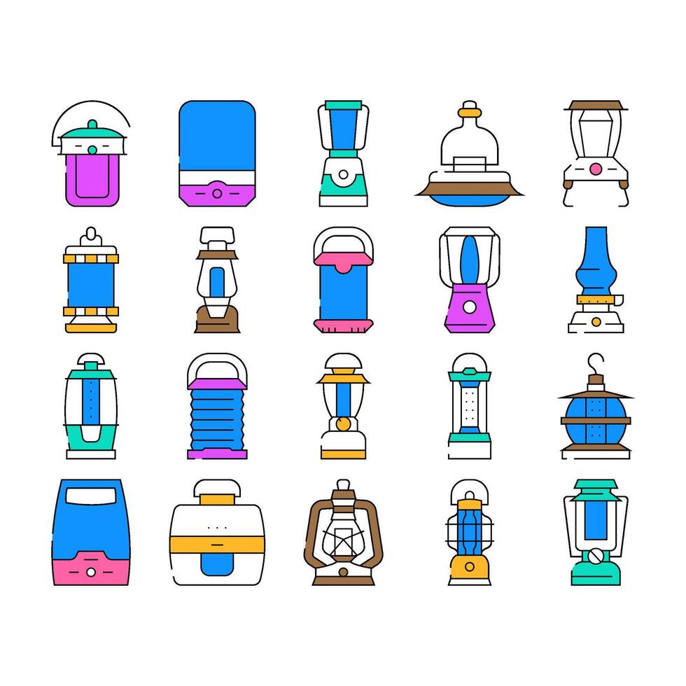 Camp Lamp Lighting Equipment Icons Set vector