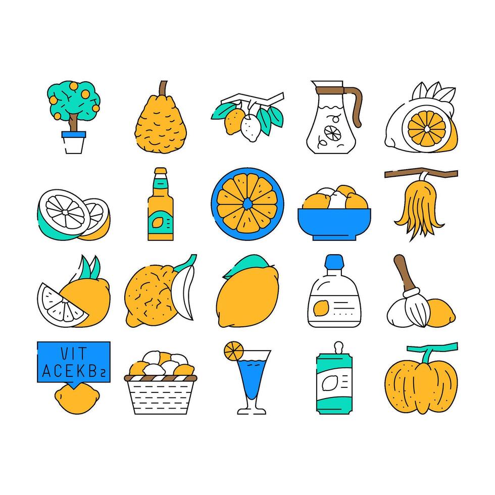 lemon fruit citrus slice fresh icons set vector