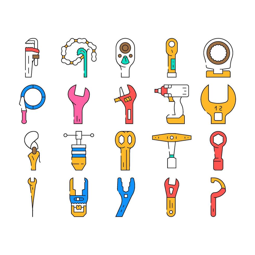 wrench tool spanner repair icons set vector
