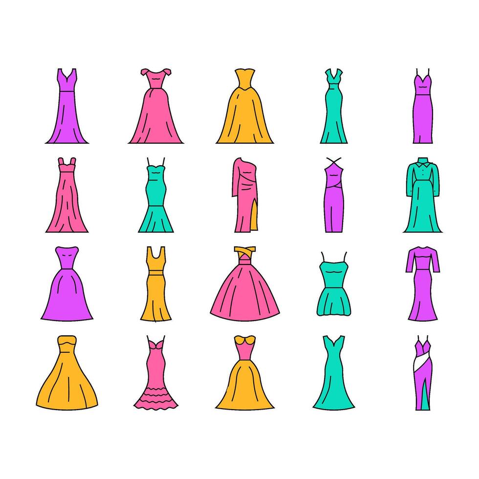 bride dress white bouquet icons set vector