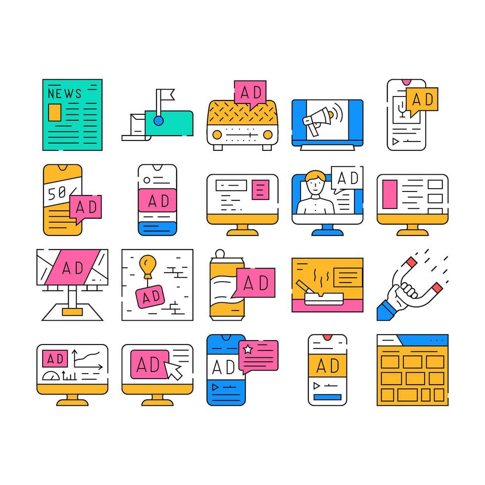 advertising media internet icons set vector