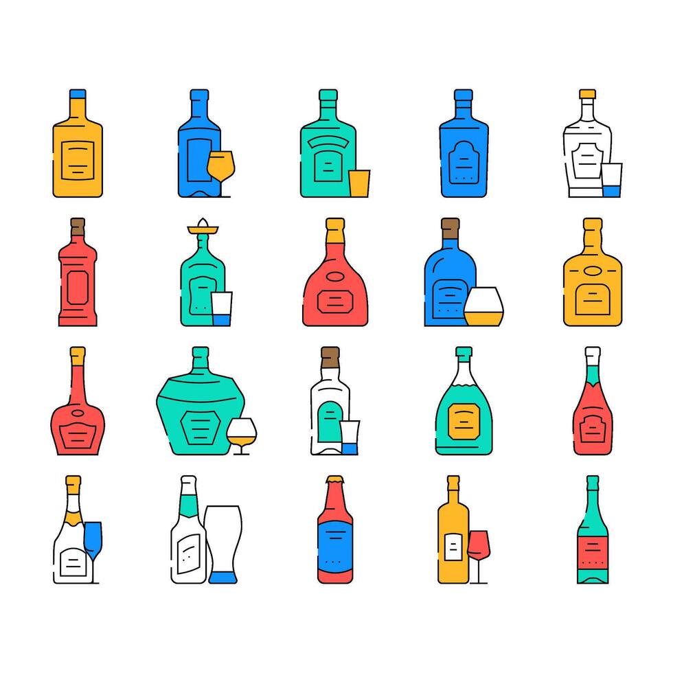 glass bottle alcohol container icons set vector