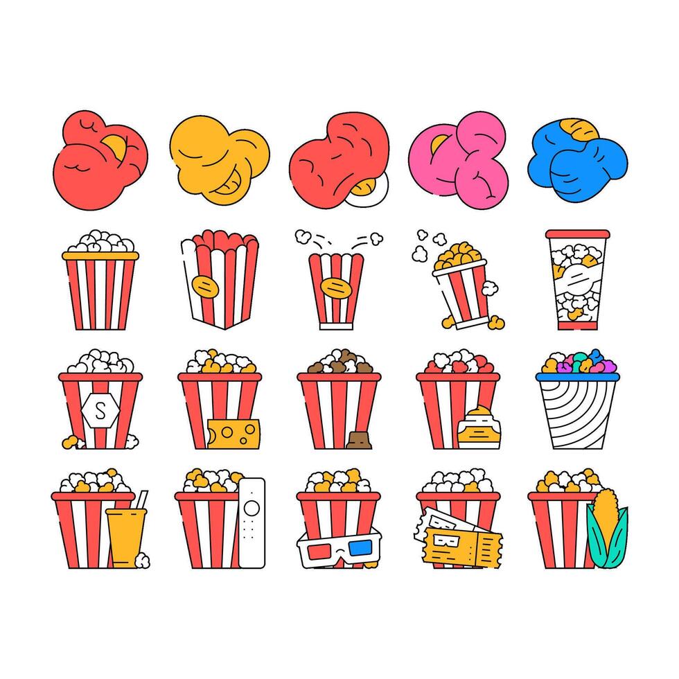 popcorn food snack cinema icons set vector
