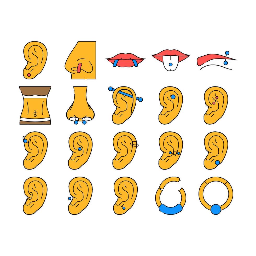 piercing ring earring nose icons set vector