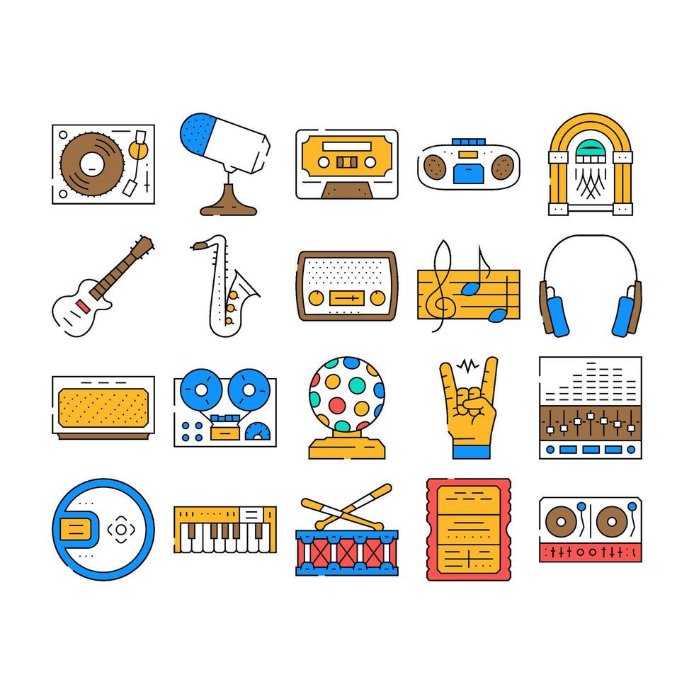 retro music vintage party icons set vector