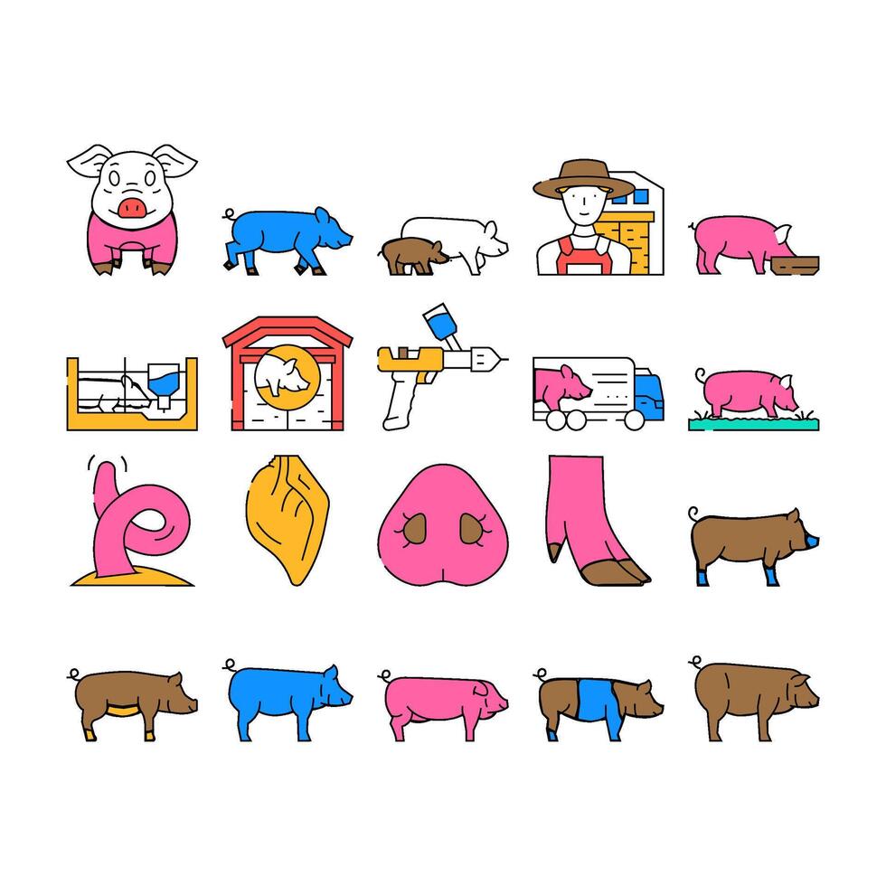 pig pork farm icons set vector